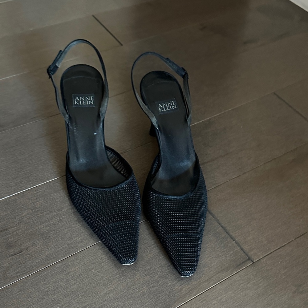 Anne Klein Black Mesh Pointed Slingback Heels